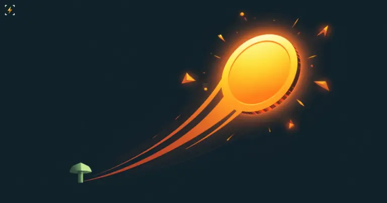 Flat vector illustration of a tiny mushroom silhouette dwarfed by a huge glowing gold coin rocketing upward with flame trails, symbolizing a small company's stock surging on unrelated memecoin hype