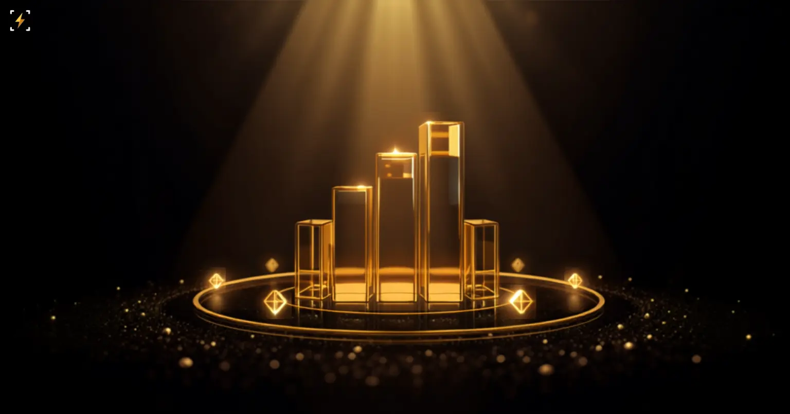 Glossy gold 3D ascending bar chart glowing under a spotlight, encircled by an orbit ring with connected diamond nodes, symbolizing institutional capital flowing into Bitcoin