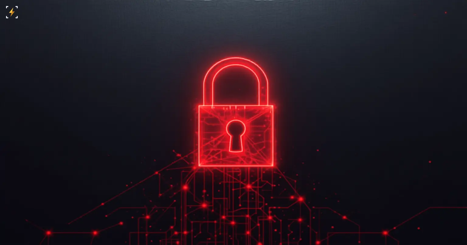 Flat vector illustration of a glowing red padlock clamping down over a spreading network of glowing red circuit lines and nodes on a dark background, symbolizing a broad sectoral sanction closing off an entire industry