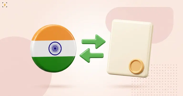 An India flag badge and a sealed bond certificate with a green two-way arrow between them