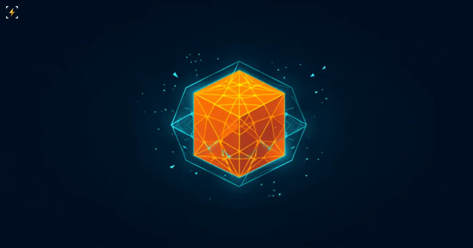 Flat vector illustration of a glowing orange geometric block shielded inside a glowing cyan hexagonal lattice, with small fragmented particle shapes scattered harmlessly outside it, on a dark navy background, symbolizing a Bitcoin transaction protected against future quantum computer attacks