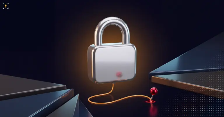 A closed silver padlock with a thin amber thread running from its base to a small crimson pin fixed in the ground