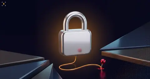 Закрытый серебряный замок, от основания которого тянется тонкая янтарная нить к маленькой багровой булавке, воткнутой в основание