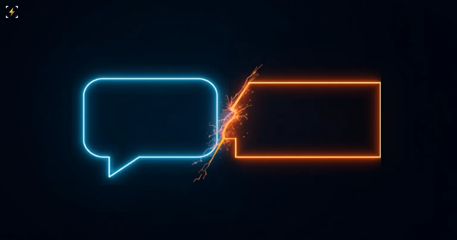 Flat vector illustration of a glowing blue chat bubble and a glowing amber ad banner shape separated by a jagged electric fracture, symbolizing a mismatch between ChatGPT conversations and the ads served inside them