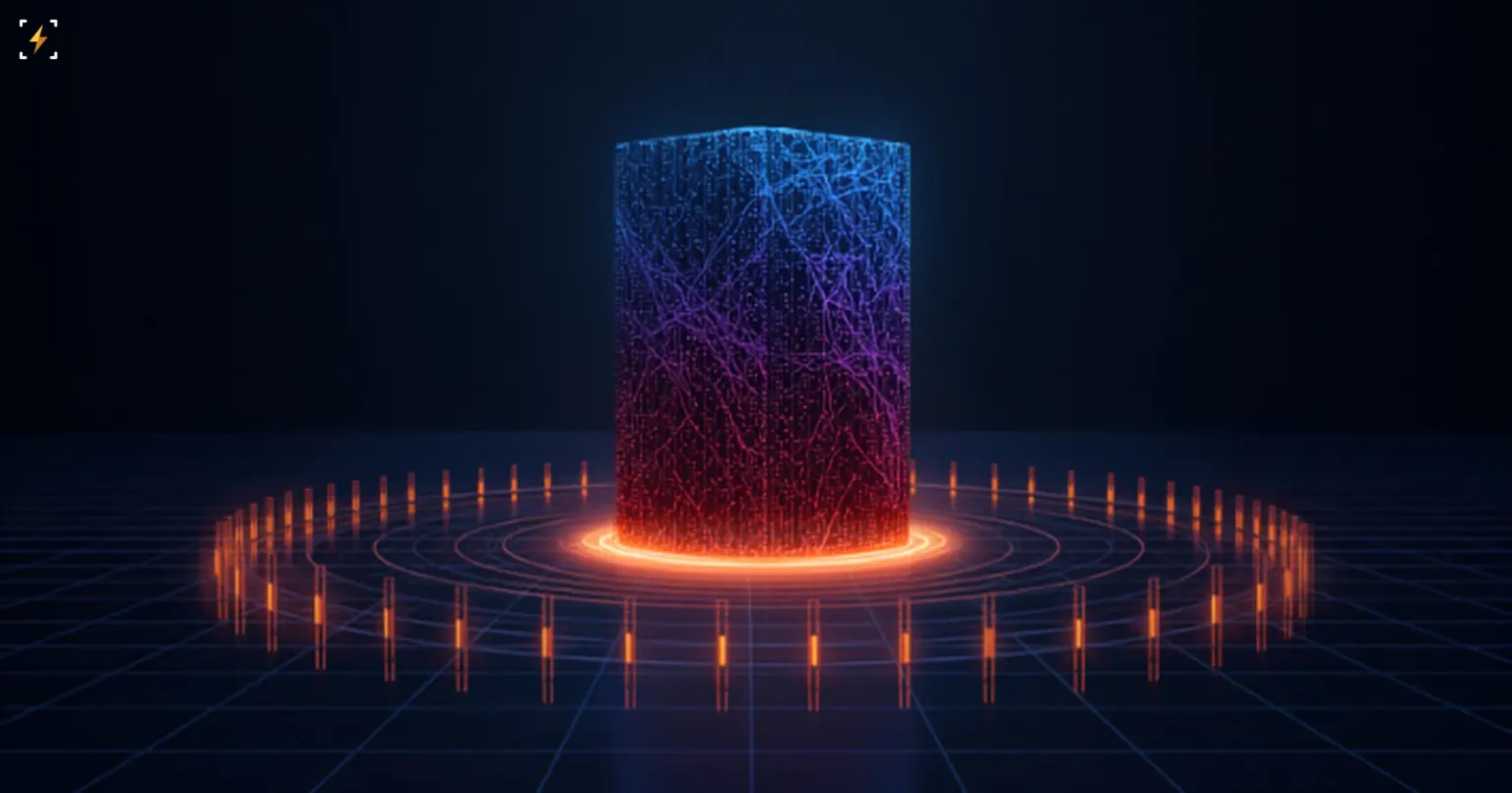 A glowing monolith shifting from blue AI-network texture at the top to orange mining-circuit texture at the bottom, ringed by small glowing pillars, symbolizing a Bitcoin miner's pivot into AI infrastructure