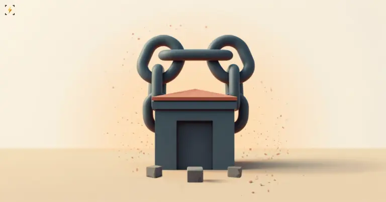 Flat illustration of two interlocked matte steel-blue chain links closing over a dark windowless building with a terracotta roof on a warm sand background, illustrating a joint crackdown on scam compounds