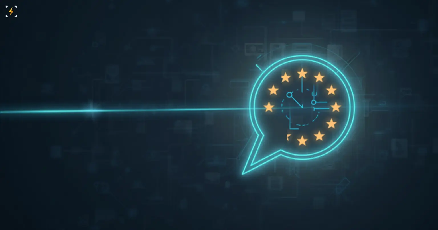 A glowing chat bubble outline containing a ring of twelve stars and a clock icon, set against a faint circuit-pattern background