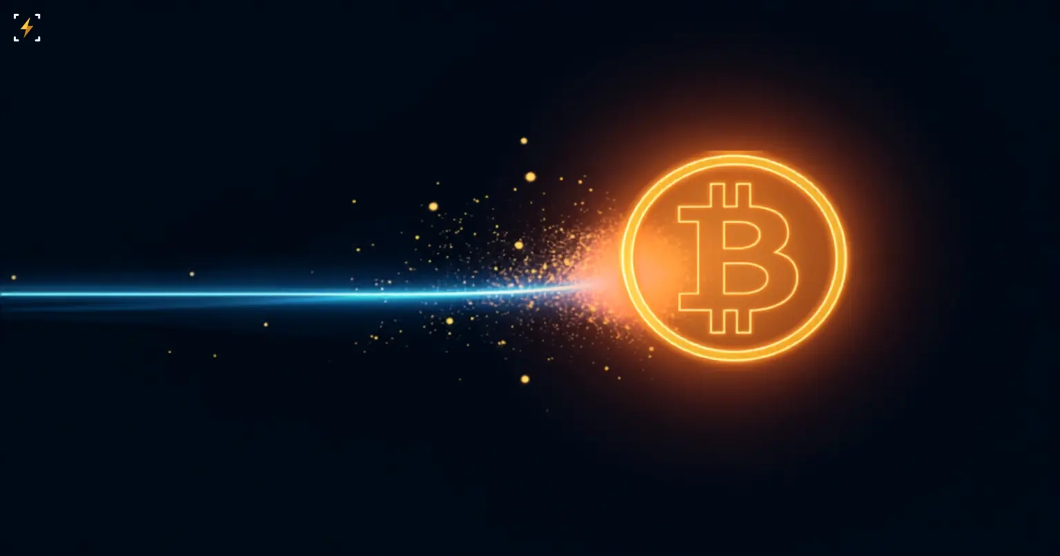Flat vector illustration of a glowing amber bitcoin coin symbol struck by a glowing blue horizontal line with sparks and particle dust scattering at the point of impact, symbolizing bitcoin's rally past $75,000