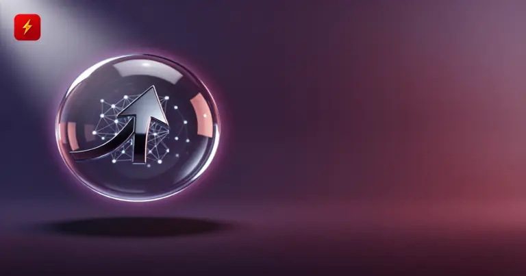 Glossy 3D growth arrow inside a glass sphere on a violet background — symbolizing Anthropic's speculative valuation