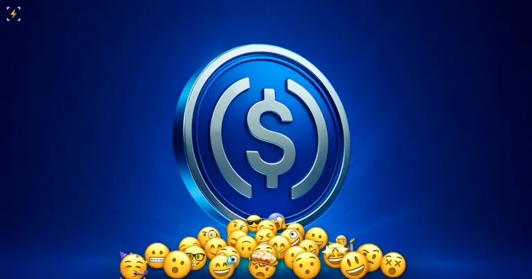 A large USDC coin resting on a mound of about thirty small emoji faces: surprised, smitten and puzzled