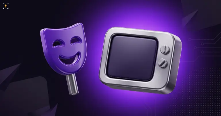 Violet theatre mask beside a steel television with a dark screen