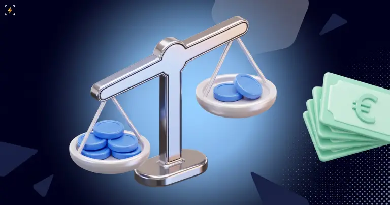 A chrome balance scale tipped hard to one side with blue coins beside a stack of euro notes, illustrating the spread between P2P and exchange stablecoin rates