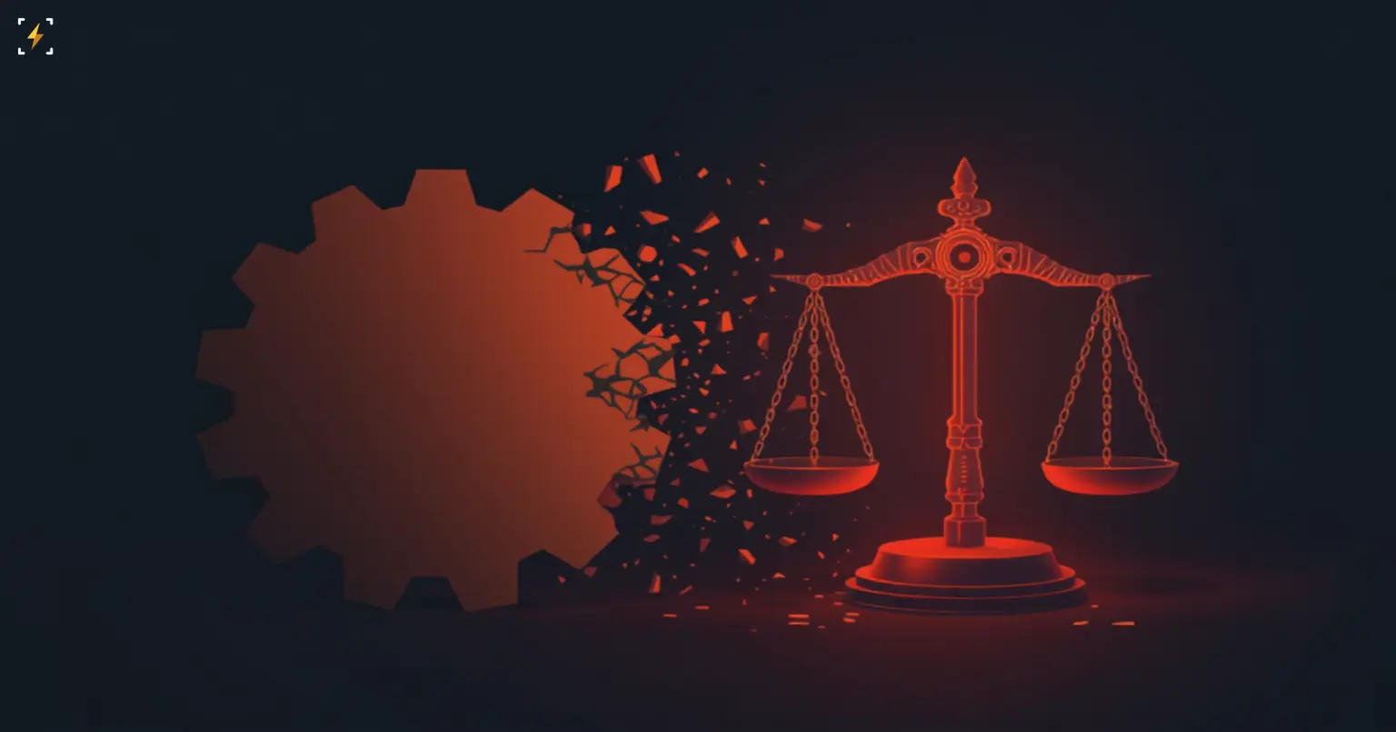 Flat vector illustration of a glowing red mechanical gear dissolving into fragments beside a glowing judicial scale of justice, on a dark navy background, symbolizing a fake automated trading tool exposed by a fraud conviction