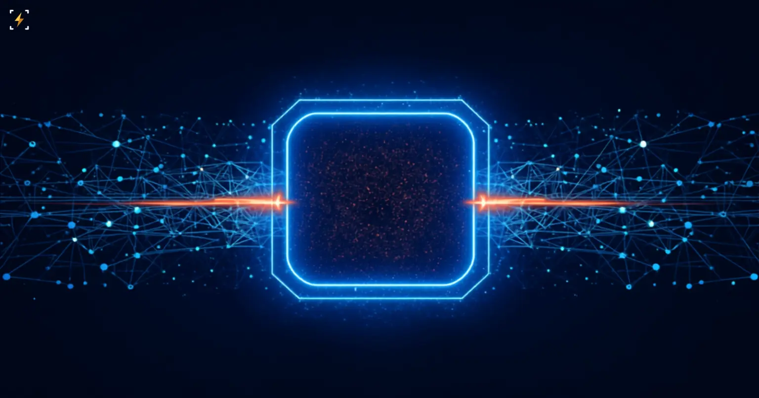 Flat vector illustration of a glowing blue rounded app-icon shape sitting inside a wide network of trading connections, with a bright amber beam of light passing through it from both sides, symbolizing Coinbase routing Hyperliquid perpetual futures through its Base App