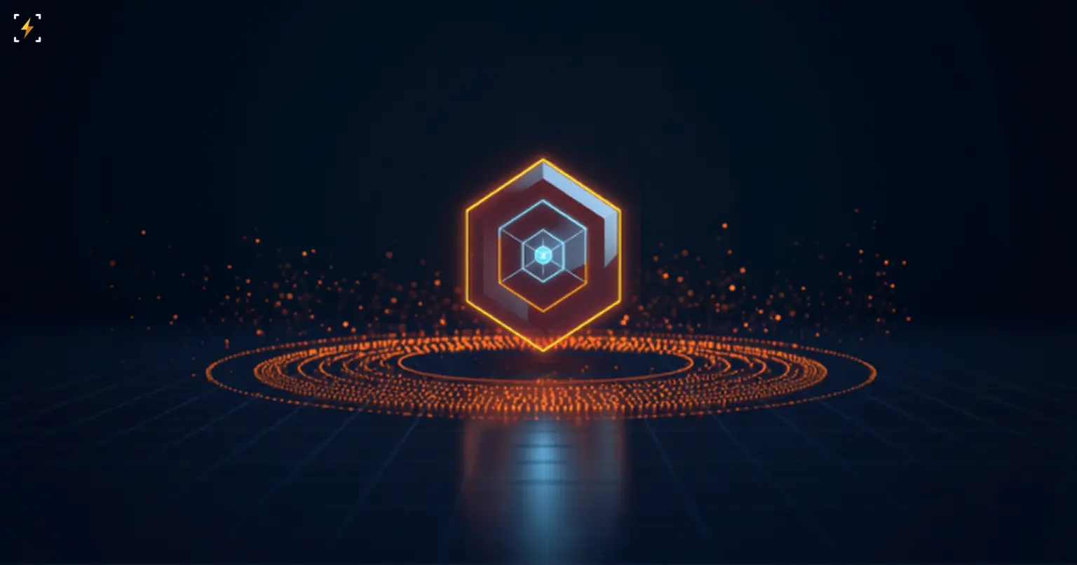 Glowing hexagonal fund icon on an orbiting ring of amber particles over a dark reflective grid, symbolizing capital rotation between crypto ETFs