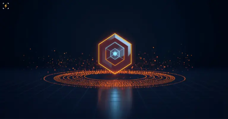 Glowing hexagonal fund icon on an orbiting ring of amber particles over a dark reflective grid, symbolizing capital rotation between crypto ETFs