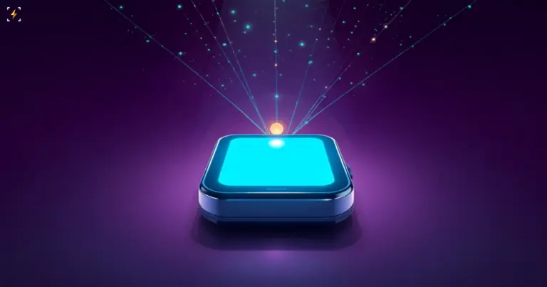 Illustration of a glossy chrome payment terminal with a bright cyan panel on a deep violet background, thin luminous threads fanning out from it into a web of nodes, illustrating an exchange balance connected to a payments network