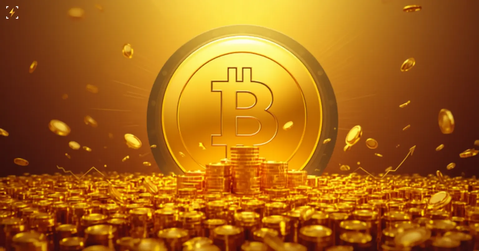 A glowing gold bitcoin coin rises above a sea of stacked gold coins with an upward arrow trail