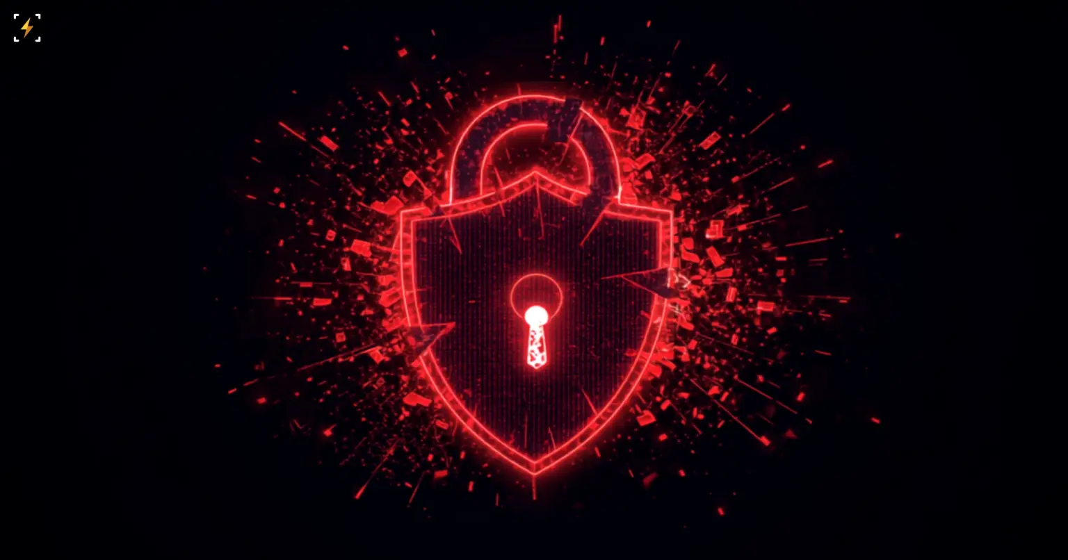 Flat vector illustration of a glowing red digital shield-lock icon with a keyhole at its center, shattering into fragments and particles radiating outward across the frame, symbolizing a critical remote code execution vulnerability in an identity platform