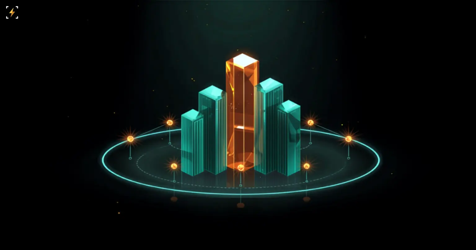 Glossy teal 3D bar cluster with one taller glowing amber bar leading, encircled by an orbit ring with connected nodes, symbolizing Solana leading a broad altcoin rally