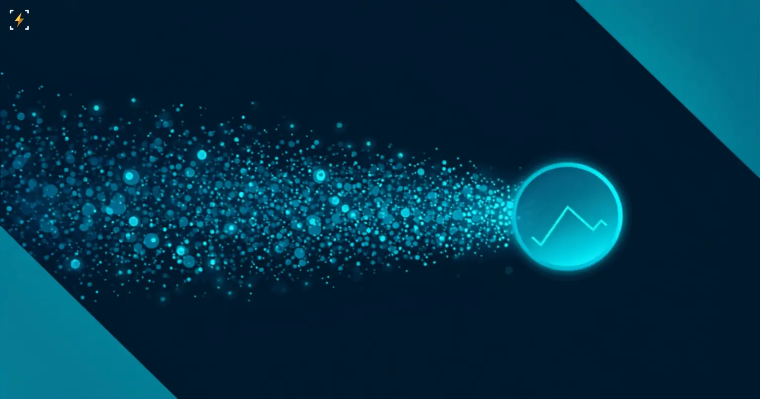 Illustration of a dense stream of glowing particles flowing into a coin marked with a choppy price-chart line, symbolizing massive stablecoin volume against a lagging token price