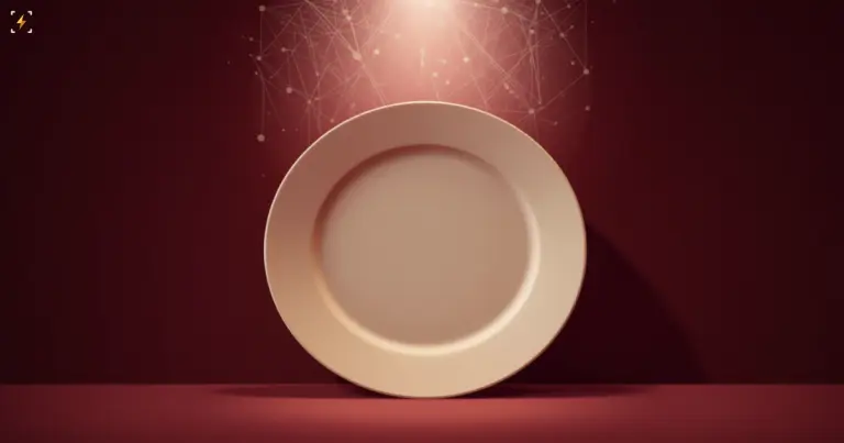A large matte cream plate standing empty against a deep burgundy wall under a node graph, illustrating AI-generated food images on menus