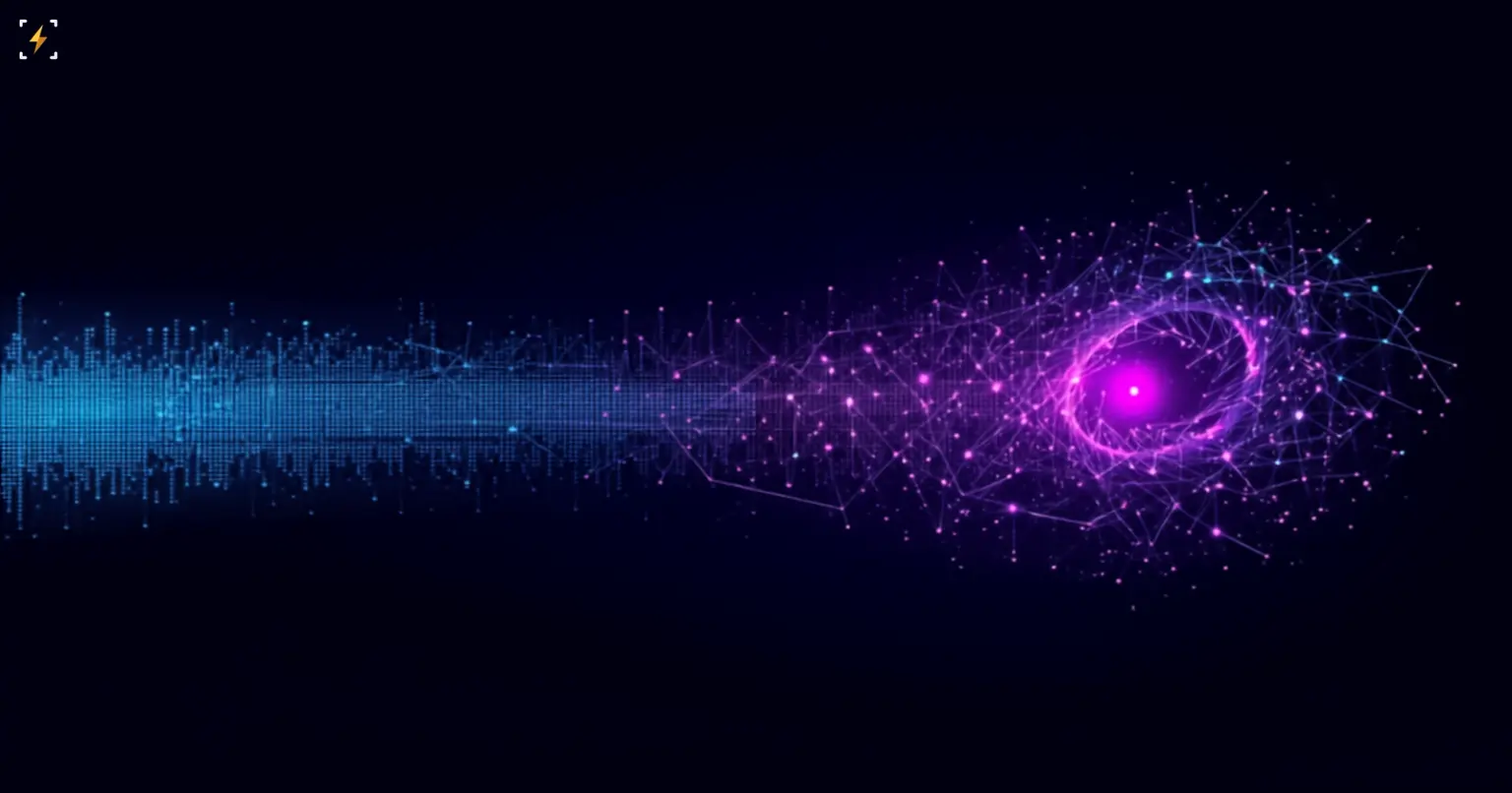 Flat vector illustration of a glowing cyan pixel-grid pattern flowing and transforming into a glowing violet neural-network node cluster shaped like a spiral galaxy, symbolizing AI research evolving from simple games into a vast persistent virtual universe