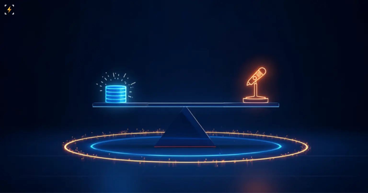 Glowing balance scale weighing a blue coin stack against an orange microphone icon above an orbiting particle ring, symbolizing two market catalysts landing the same day