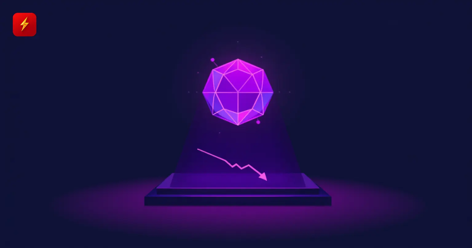 Светящееся фиолетовое геометрическое ядро ИИ-агента парит над торговой платформой с розовой падающей стрелкой цены — символ токена ИИ-агента, резко упавшего в цене после листинга