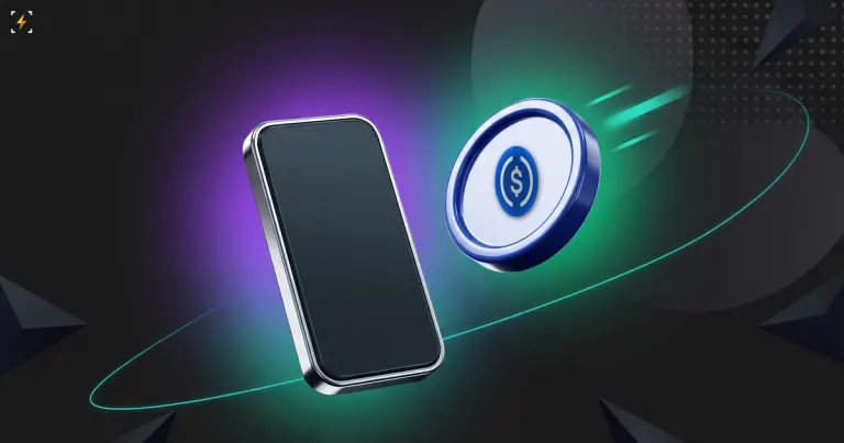 Glossy smartphone beside a coin bearing the USDC mark with a glowing trail behind it