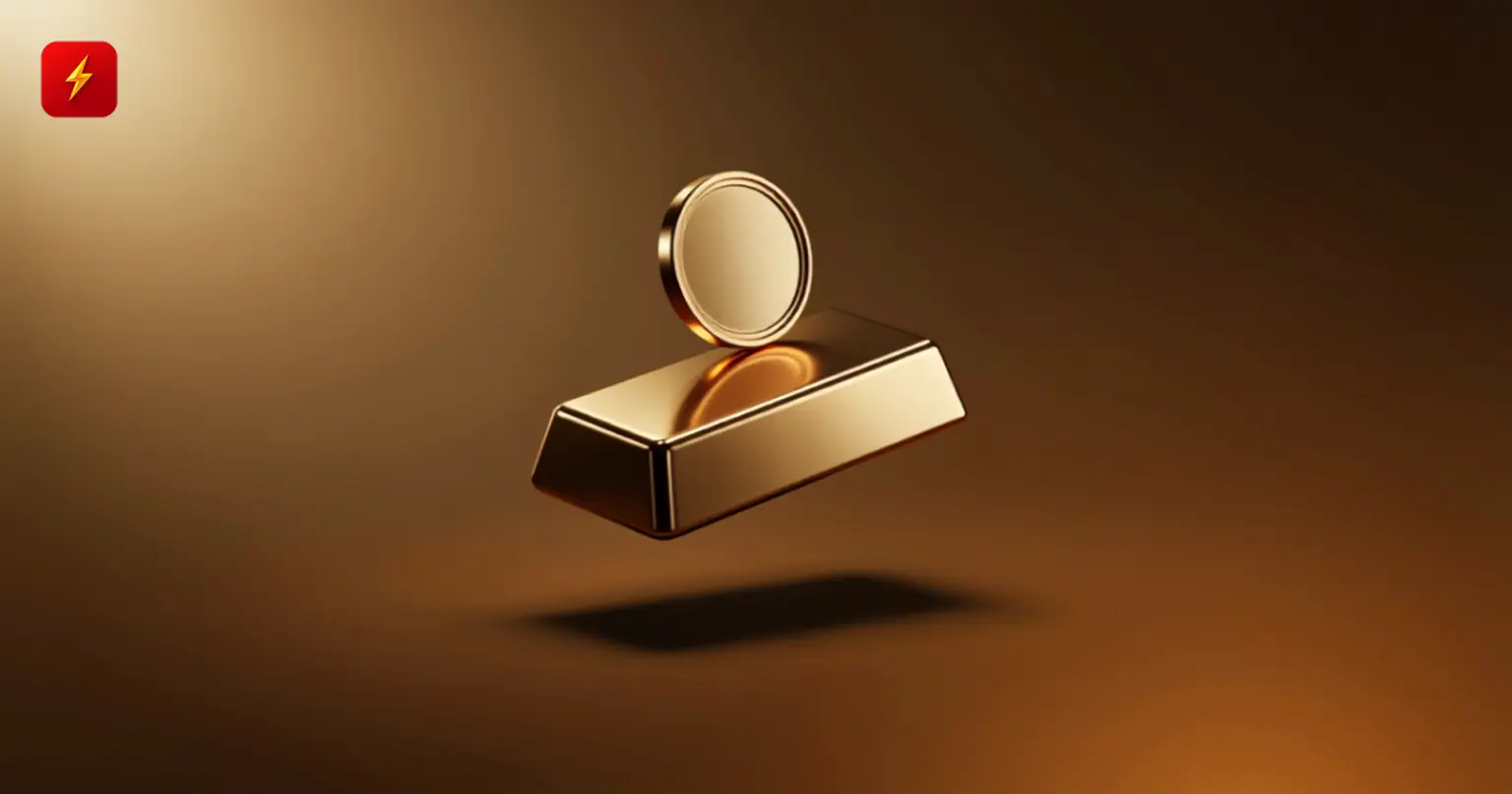 Glossy 3D gold bar with a coin on an amber background — symbolizing Tether's growing gold reserves