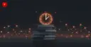A stack of books with a frozen glowing clock above them against a fading network pattern — cover for Grokipedia's stalled-edits news