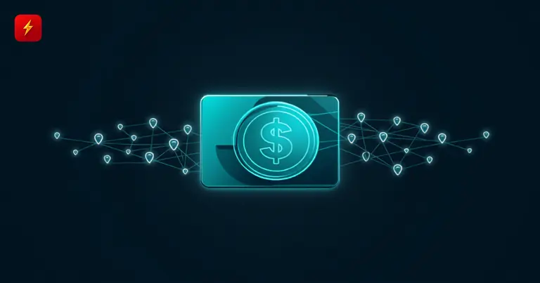 Payment card with a dollar coin against a global network of location nodes — cover for Western Union's Stablecard news