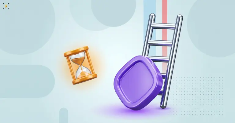 Violet coin at the foot of a tall chrome ladder beside an amber hourglass