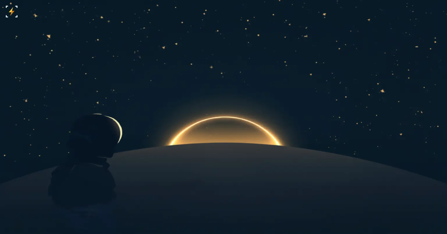 Flat vector illustration of a silhouetted astronaut watching a glowing golden sunrise over a distant planetary horizon against a starfield, symbolizing the overview effect described in a review of three new books about the astronaut's changing role