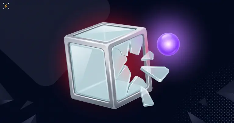 A glass containment box with one face shattered into shards and a glowing violet sphere floating free just outside the opening