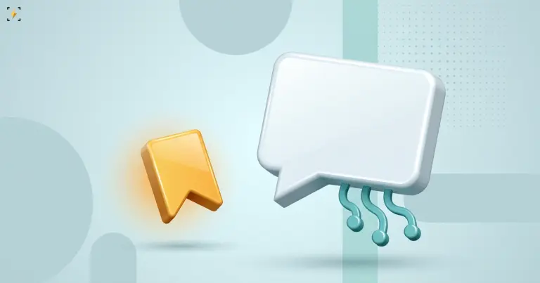 Blank speech bubble with teal threads running from it beside an amber bookmark
