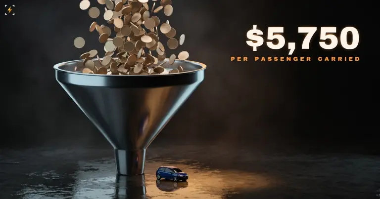 A giant steel funnel swallowing a torrent of brass discs with one toy car at its outlet