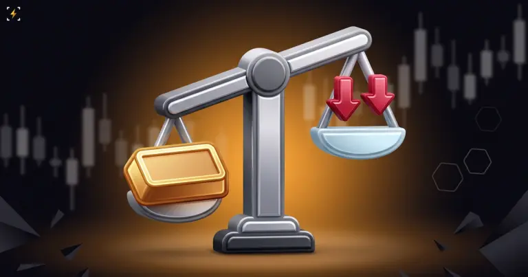A balance scale tilted hard by a single gold ingot while two small red down arrows ride the raised pan without moving it