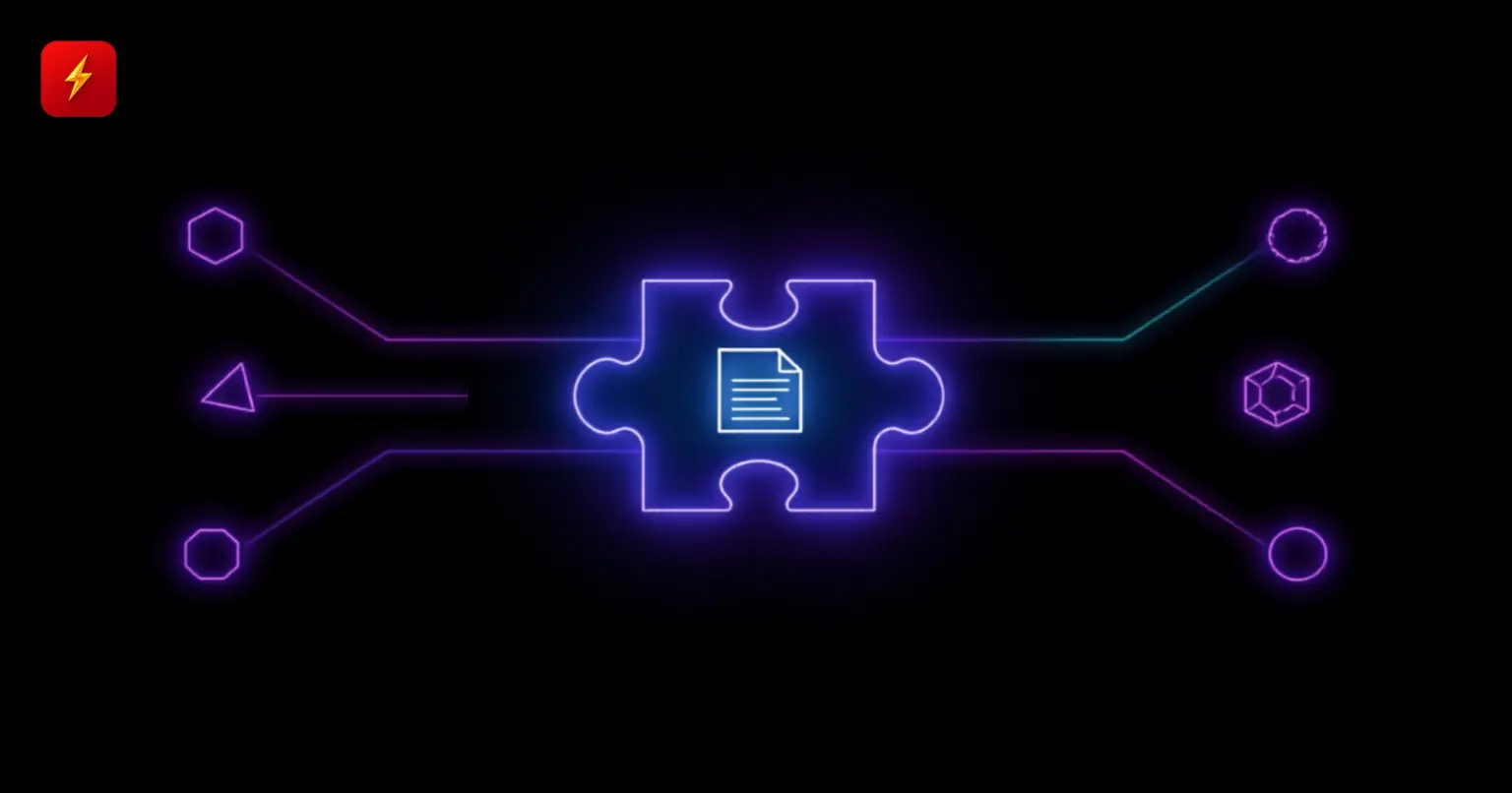 A glowing puzzle-piece connector with a document icon at the center, linked by lines to five distinct geometric nodes — cover for the Agent Plugins standard news