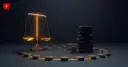Flat vector illustration of a glowing balance scale beside a ring of coin stacks with one large dark coin stack standing outside the ring, symbolizing MSCI weighing whether to exclude bitcoin treasury firms like Strategy from its indexes