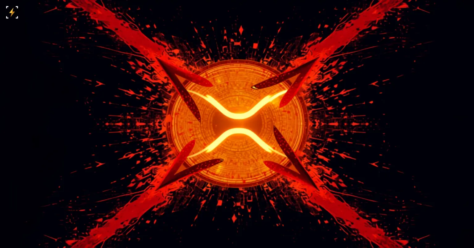 Плоская векторная иллюстрация светящейся янтарной монеты XRP, прорывающейся сквозь разлетающийся красный крестообразный паттерн death cross, с трещинами и частицами по всем четырём углам — символ XRP, пробивающего death cross
