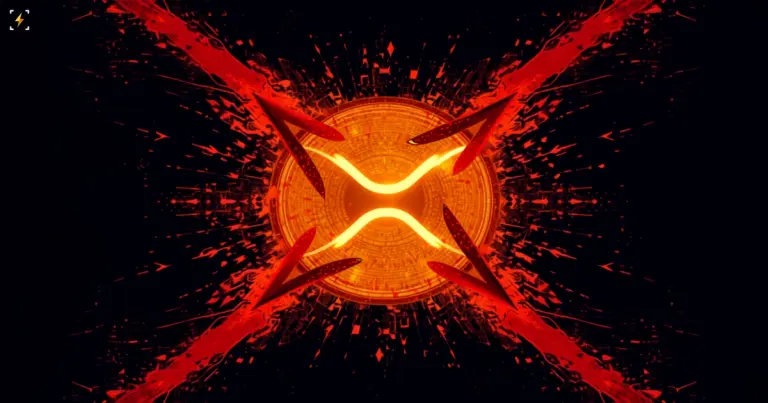 Плоская векторная иллюстрация светящейся янтарной монеты XRP, прорывающейся сквозь разлетающийся красный крестообразный паттерн death cross, с трещинами и частицами по всем четырём углам — символ XRP, пробивающего death cross