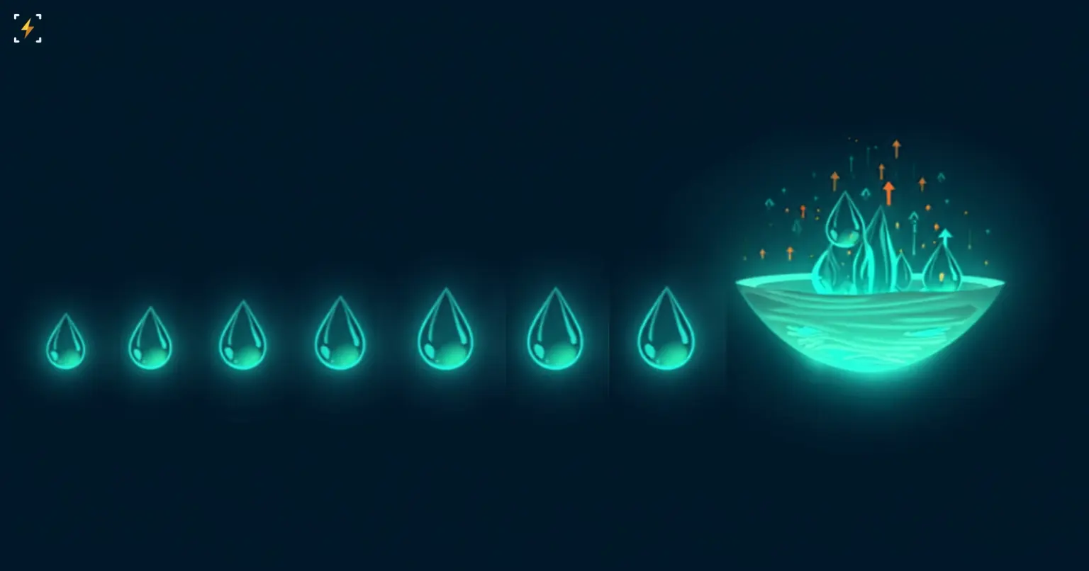 Flat vector illustration of seven glowing teal droplets in a row feeding into a rising pool with upward arrows, on a dark navy background, symbolizing a steady multi-day streak of net inflows