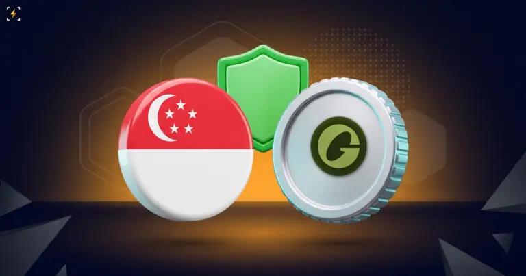A Singapore flag badge beside a coin carrying the Global Dollar mark with a green shield between them