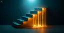 Illustration of a rising chrome staircase in teal with three thick streams of glowing amber liquid pouring down off the top steps, on a dark navy background, illustrating money leaving ETFs while the price climbs