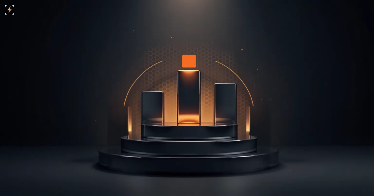 Illustration of chrome bars of different heights on a dark podium with a separate amber tile hovering above the tallest one, on a graphite background, illustrating a volume ranking with paid slots placed above it