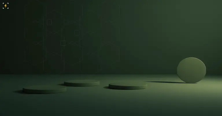 Three dim matte discs lying flat in a dark green room while one lit disc stands upright on its edge, under a faint hexagon chain lattice
