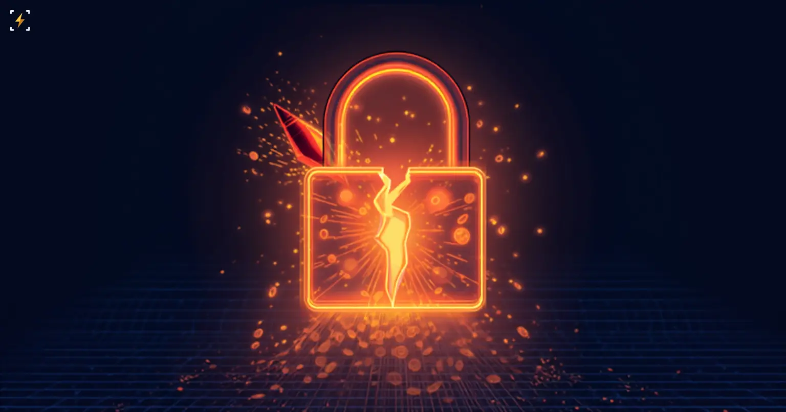 A glowing padlock cracks open under a piercing spike as coins spill out below