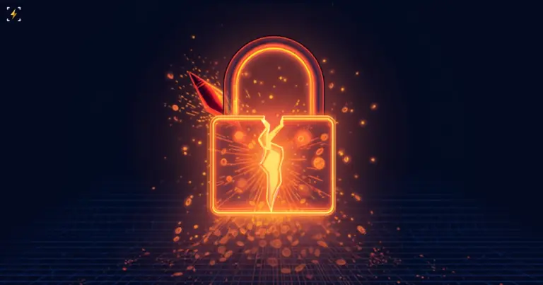 A glowing padlock cracks open under a piercing spike as coins spill out below